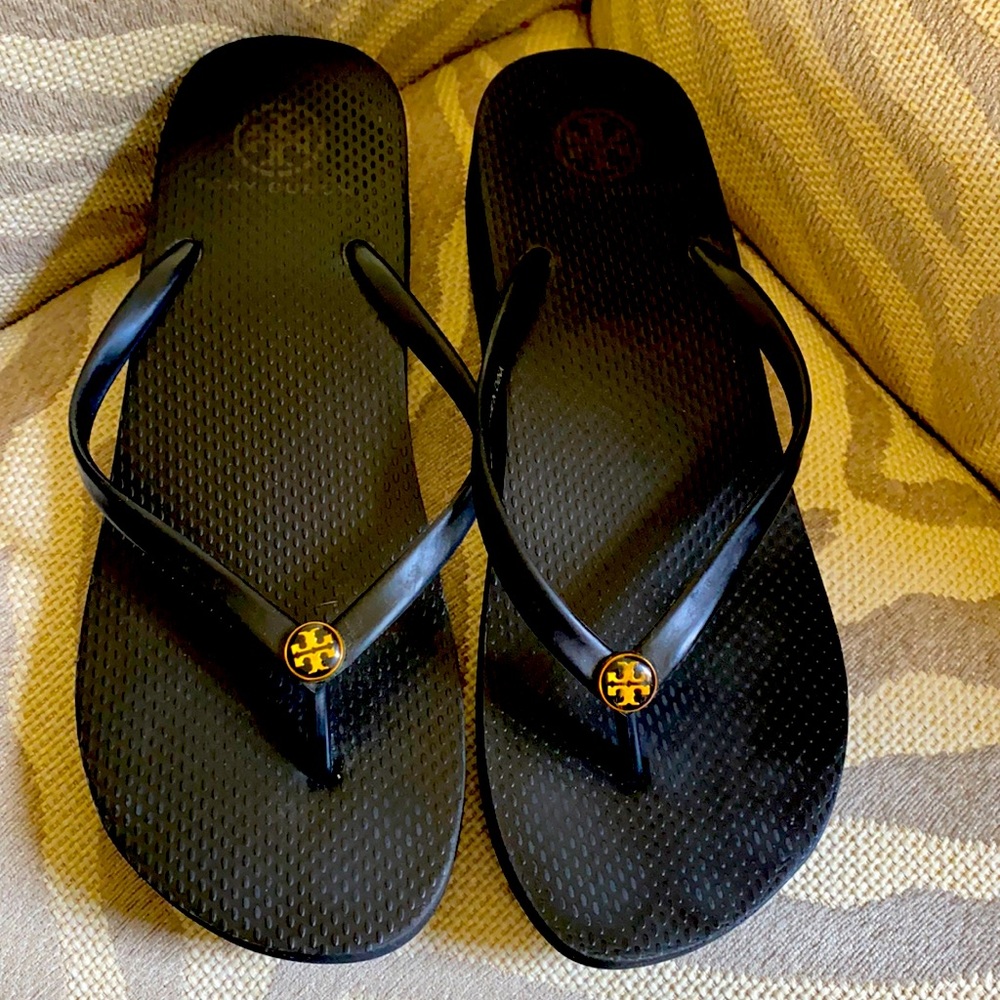 Tory Burch black rubber wedge flip flops